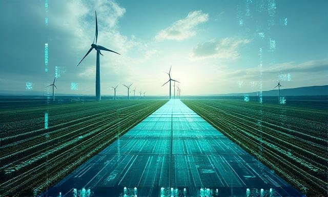 Technology grid merged with renewable energy visual